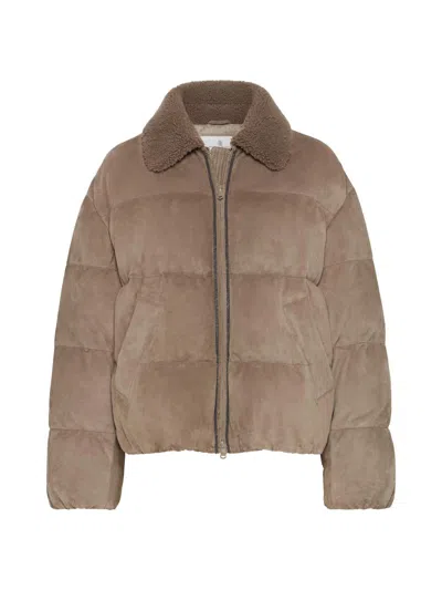 Brunello Cucinelli Women's Suede Down Coat With Merino Shearling Collar And Shiny Trims In Brown