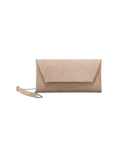 Brunello Cucinelli Suede Finish Clutch Bag With Adjustable Chain Strap In Sand