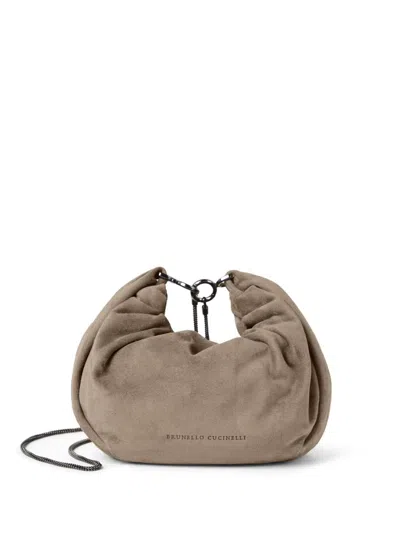 Brunello Cucinelli Women Suede Hobo Brioche Handbag In Grey