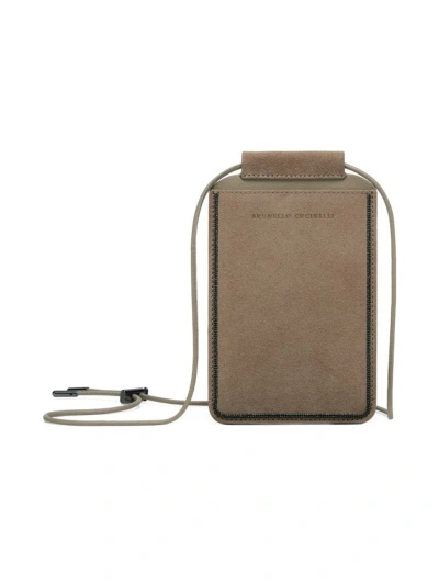 Brunello Cucinelli Women's Suede Phone Bag With Shiny Trim In Warm Beige