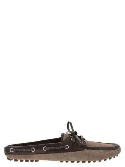 Brunello Cucinelli Women Suede Sabot Loafers With Jewellery In Brown
