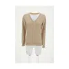 Brunello Cucinelli Soft Cashmere V-neck Sweater With Ribbed Finish In Beige