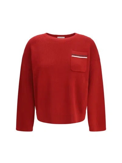 Brunello Cucinelli Women Sweater Oversized In Cotton With Jewel Pocket In Red