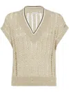 Brunello Cucinelli Women Dazzling Ribbed Net Knitted T-shirt In Linen In Beige