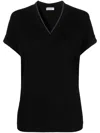 Brunello Cucinelli Black V-neck T-shirt With Monile Detail In Stretch Cotton Woman