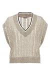 Brunello Cucinelli Ribbed Net Knit T-shirt With V-neck In Cream