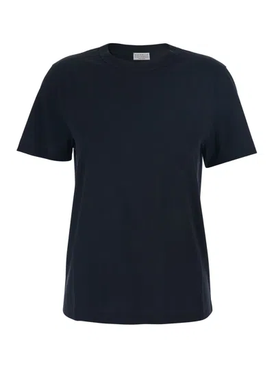 BRUNELLO CUCINELLI BRUNELLO CUCINELLI WOMEN BLACK CREW NECK T-SHIRT WITH MONILS DETAIL IN COTTON WOMAN