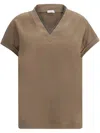 Brunello Cucinelli Rolled Cuffs V-neck Short Sleeve Top In Burgundy