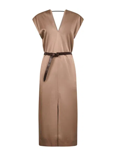 BRUNELLO CUCINELLI BRUNELLO CUCINELLI WOMEN TAUPE CADY SATIN BELTED MIDI DRESS