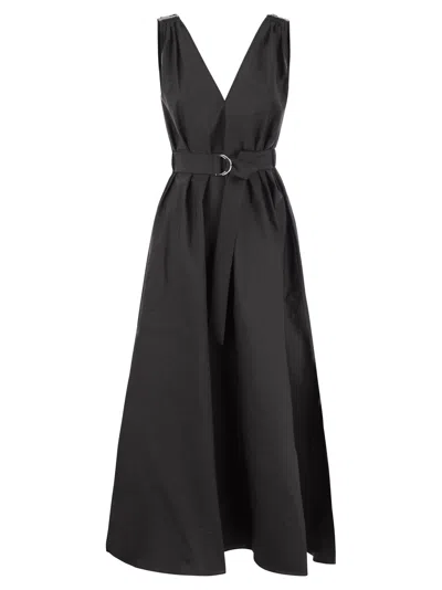 Brunello Cucinelli Women Techno Cotton Poplin Dress With Belt And Precious Shoulder Detail In Ink Blue
