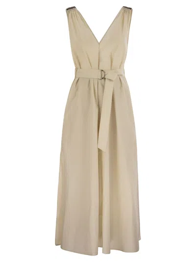Brunello Cucinelli Women Techno Cotton Poplin Dress With Belt And Precious Shoulder Detail In Nude