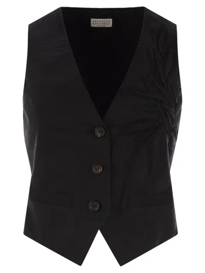 Brunello Cucinelli Linen-blend Tailored Waistcoat In Black