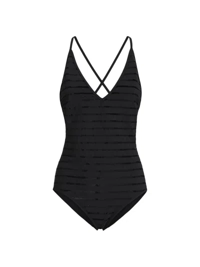 Brunello Cucinelli Women's Techno Jersey Bathing Suit With Precious Collar In Black