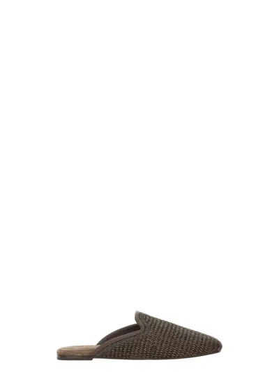 BRUNELLO CUCINELLI WOMEN'S TECHNO RAFFIA SLIPPER WITH PRECIOUS TRIM SANDAL