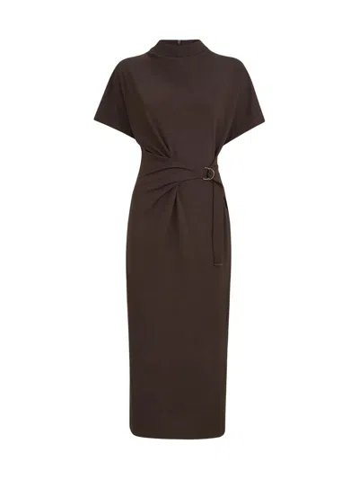 Brunello Cucinelli Techno Wool Jersey Wrap Belt Dress With Monili In Brown