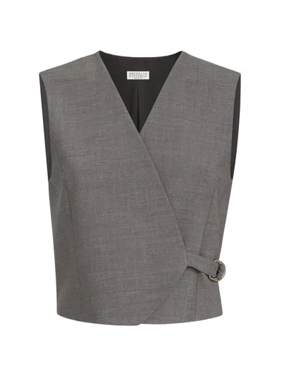 Brunello Cucinelli Tropical Luxury Wool Vest With Monili In Gray