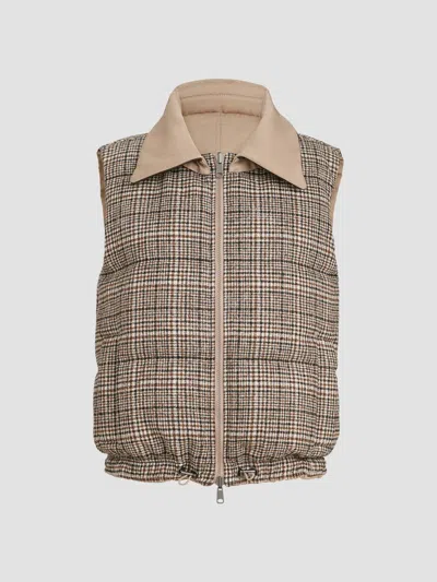 Brunello Cucinelli Twill And Prince-of-wales Reversible Down Vest With Detachable-leather-collar And Monili In Neutral