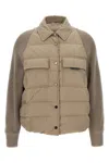 Brunello Cucinelli Two-material 'shiny Flap Detail' Down Jacket In Brown