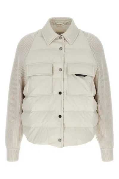 BRUNELLO CUCINELLI BRUNELLO CUCINELLI WOMEN TWO-MATERIAL 'SHINY FLAP DETAIL' DOWN JACKET