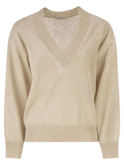 Brunello Cucinelli Women V-neck Linen And Cotton Jumper With Sequins And Long Sleeves In Brown