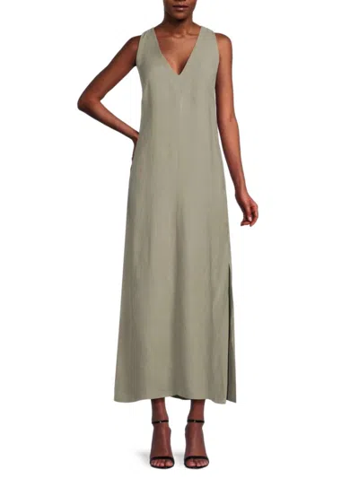 Brunello Cucinelli Women's V Neck Linen Blend Maxi Dress In Sage Green