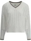 Brunello Cucinelli Open-knit Sweater With Vertical Stripes In White