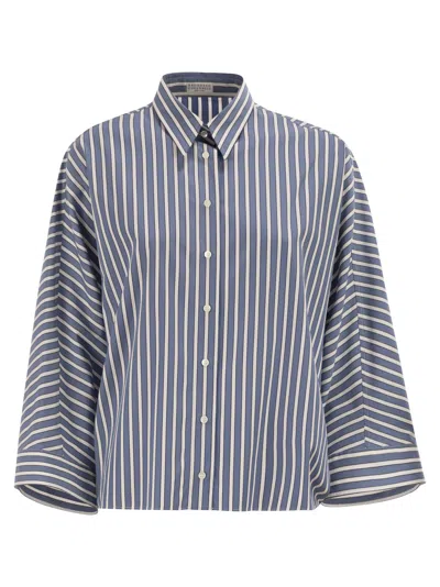 Brunello Cucinelli Women Vertical Striped Cotton Shirt In Blue
