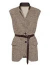 Brunello Cucinelli Waist Belted Lapel Sleeveless Textured Jacket In Brown