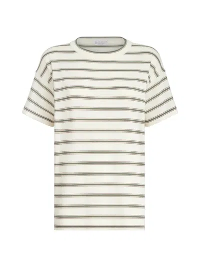 Brunello Cucinelli Short Sleeve Striped Wool Crewneck Sweater In Neutral
