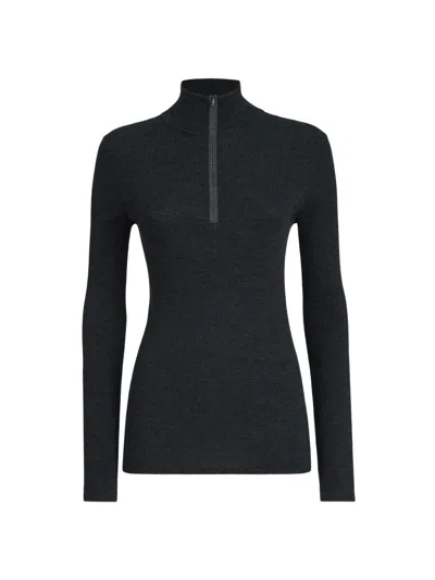 Brunello Cucinelli Women's Virgin Wool And Cashmere Rib Lightweight Turtleneck Sweater With Precious Half Zip In Black