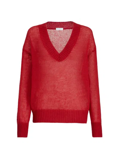 Brunello Cucinelli Women Sweater In Virgin Wool And Mohair With V-neck In Red