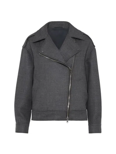 Brunello Cucinelli Women's Virgin Wool Biker Jacket With Shiny Details In Dark Grey