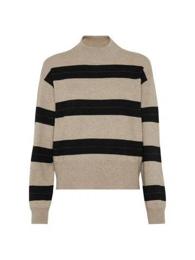 Brunello Cucinelli Virgin Wool-blend Embellished Striped Sweater In Brown