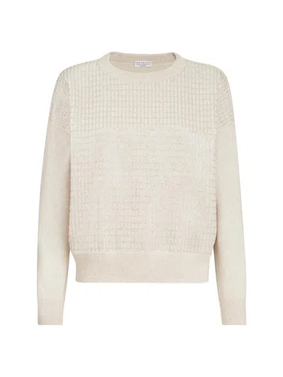 BRUNELLO CUCINELLI WOMEN'S VIRGIN WOOL, CASHMERE AND SILK SWEATER WITH DAZZLING CHECK EMBROIDERY