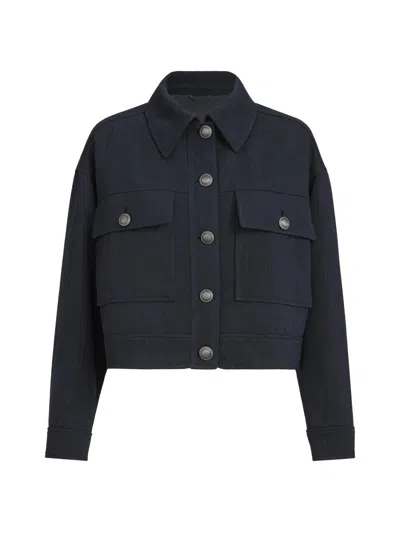 Brunello Cucinelli Virgin-wool Crêpe Chevron Cropped Outerwear Jacket With Monili In Blue