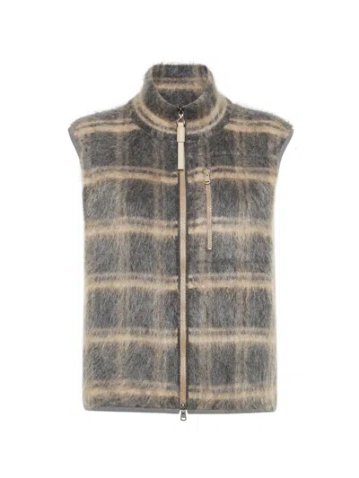 Brunello Cucinelli Women's Virgin Wool, Mohair And Cashmere Jacquard Check Knit Vest With Shiny Trims In Gray