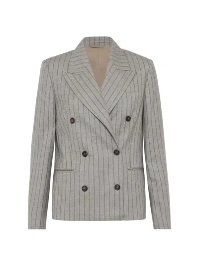 Brunello Cucinelli Women's Virgin Wool Moulinã Chalk Stripe Blazer In Brown