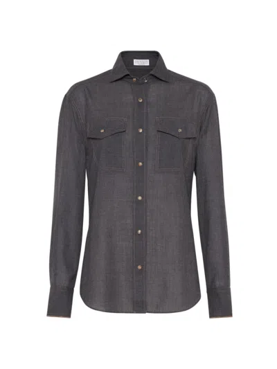 Brunello Cucinelli Monili-trim Virgin Wool Shirt In Dark Grey