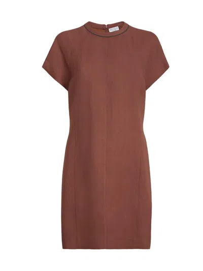 Brunello Cucinelli Women's Viscose And Linen Fluid Twill T-shirt Dress In Brown