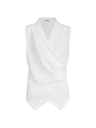 Brunello Cucinelli Women's Viscose And Linen Fluid Twill Vest With Monili In White