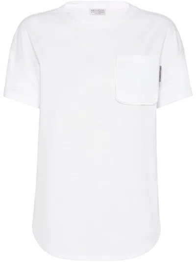 Brunello Cucinelli Relaxed Fit Crew Neck T-shirt With Pocket And Shiny Embellishment In White