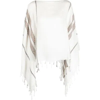 Brunello Cucinelli Women's White Bronze Linen Poncho With Fringe In ["white","brown","multi-color"]