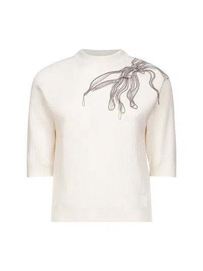 BRUNELLO CUCINELLI BRUNELLO CUCINELLI WOMEN WHITE CASHMERE SHINY FLOWER EMBROIDERY SWEATER