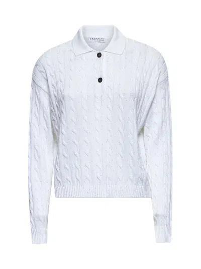 Brunello Cucinelli Women White Dazzling Cables Knit Polo Shirt
