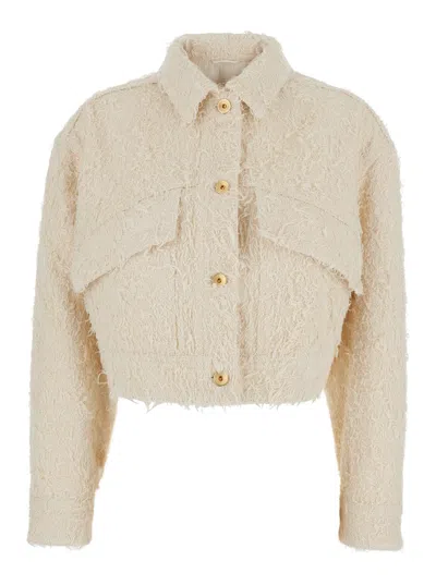 Brunello Cucinelli Women White Jacket With Classic Collar And All-over Fringed Details In Cotton Wom In Neutral