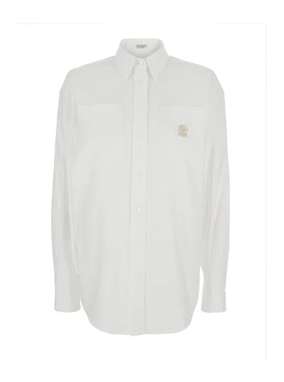 Brunello Cucinelli Women White Shirt With Classic Collar And Embroidered Logo On The Chest In Cotton