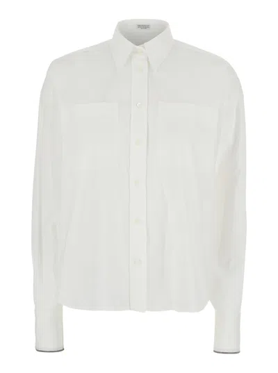 Brunello Cucinelli Women White Shirt With Classic Collar And Front Pockets In Cotton Woman