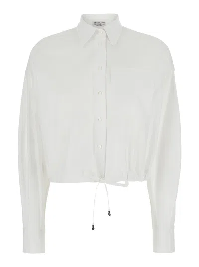 Brunello Cucinelli Women White Shirt With Pointed Collar And Drawstring Waist In Cotton Blend Woman