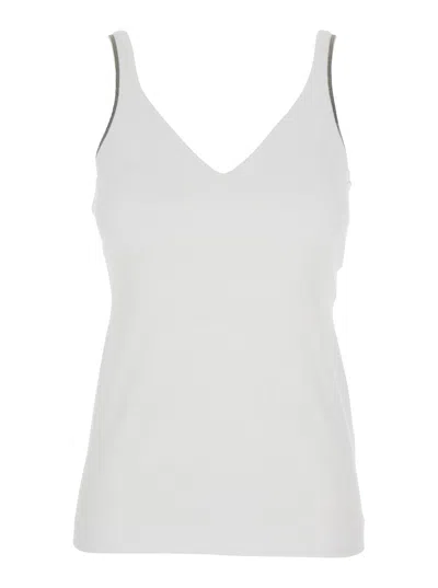 Brunello Cucinelli Women White V-neck Top With Side Monile Detail In Cotton Woman