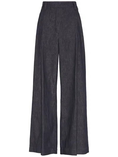 Brunello Cucinelli Women Wide Smart Cotton Denim Effect Trousers In Blue